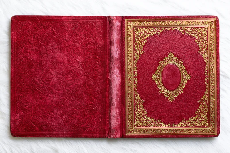 Open antique book with crimson velvet covers and gold ornate embossing on white surface