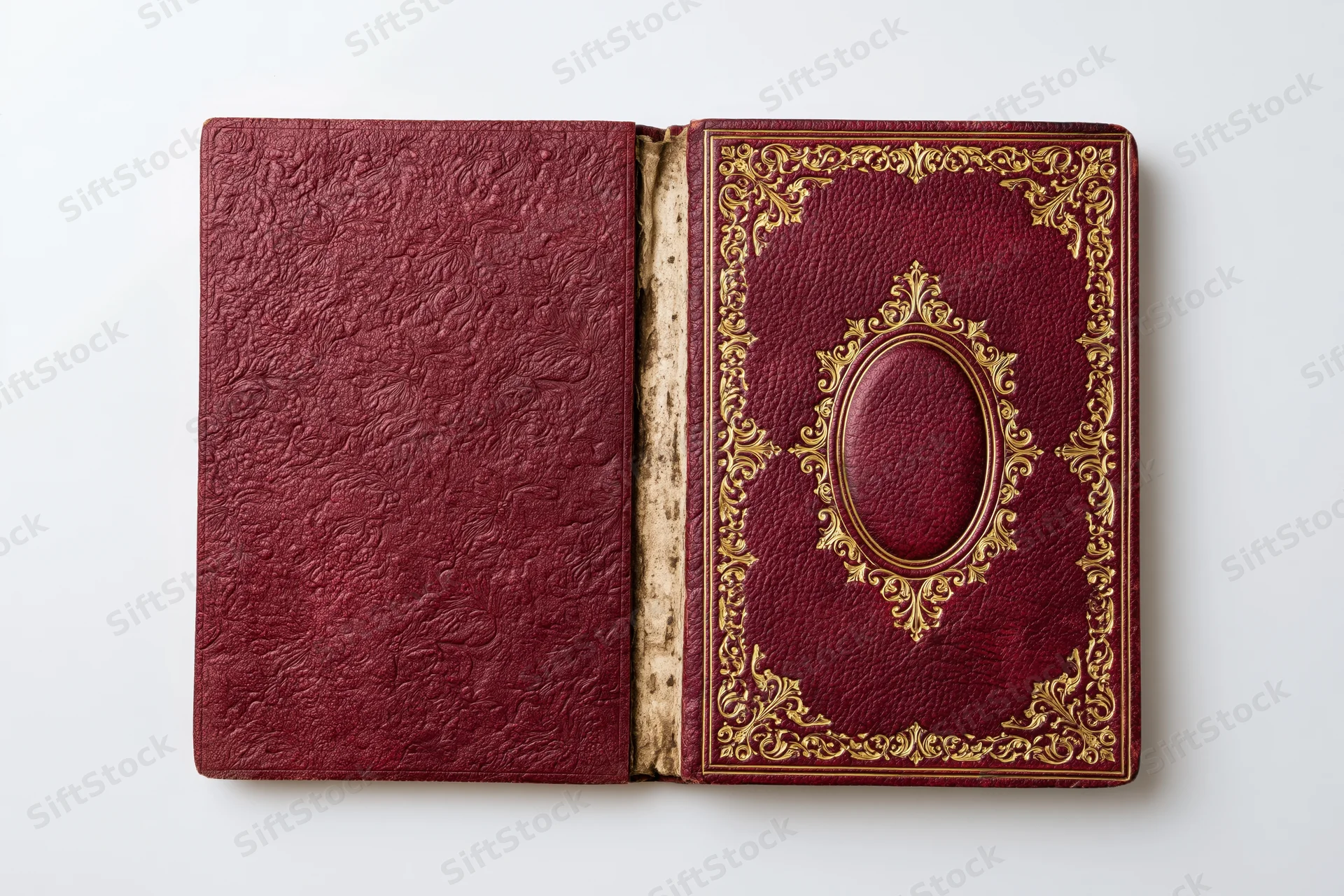 Antique book opened flat showing both crimson leather covers with gold embossed ornamentation
