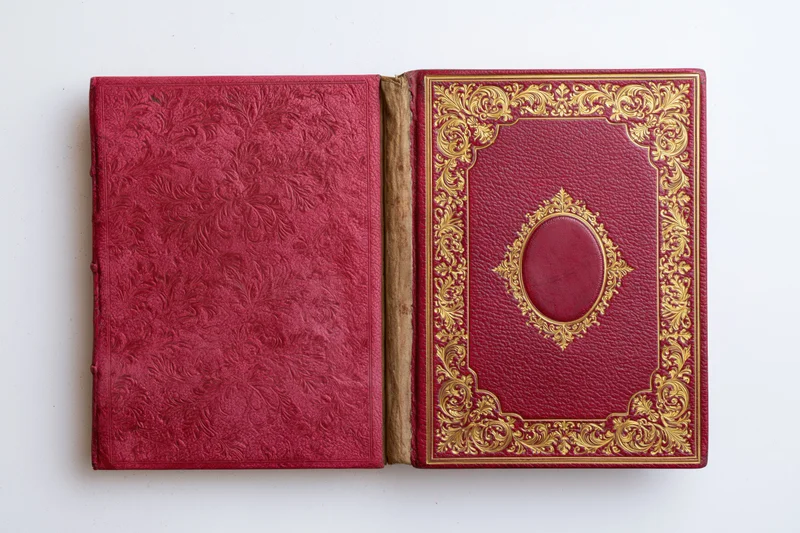 Antique book opened flat showing both crimson leather covers with gold embossed decoration