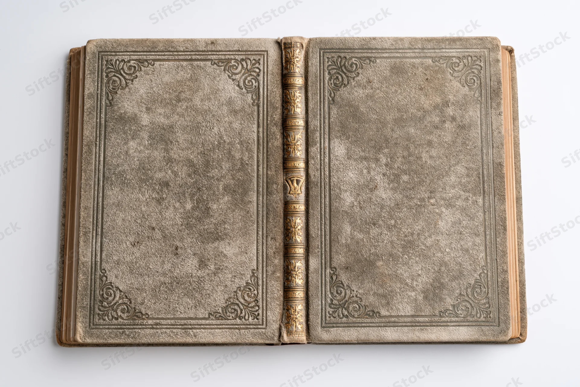 Open antique book with ornate embossed covers lying flat on white surface