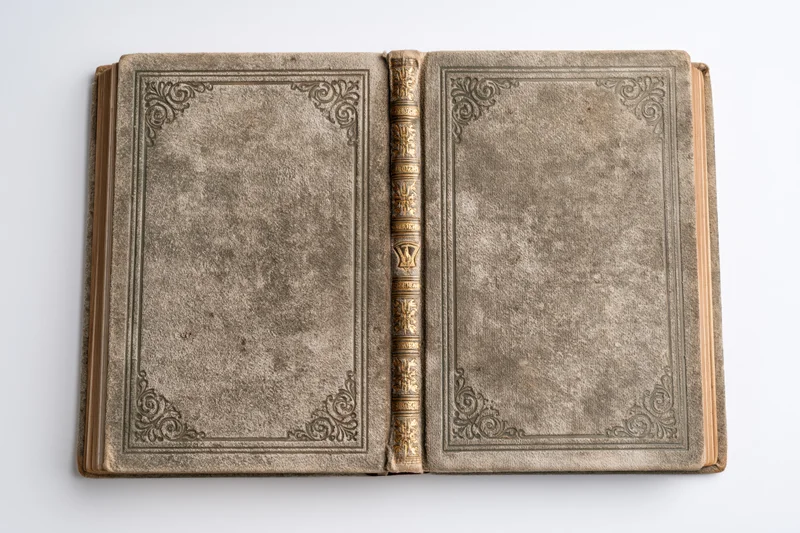 Open antique book with ornate embossed covers lying flat on white surface