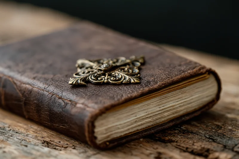 Antique leather-bound book with ornate brass clasp resting on rustic wooden table