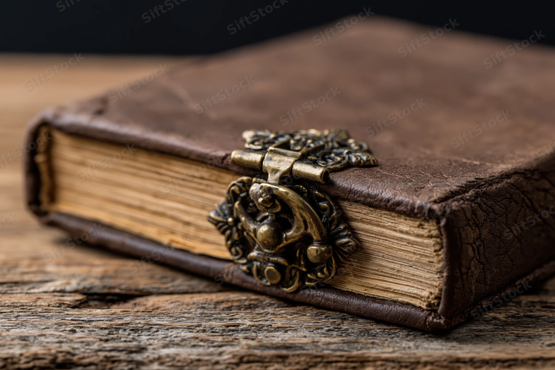 Antique leather-bound book with ornate brass clasp resting on wooden surface