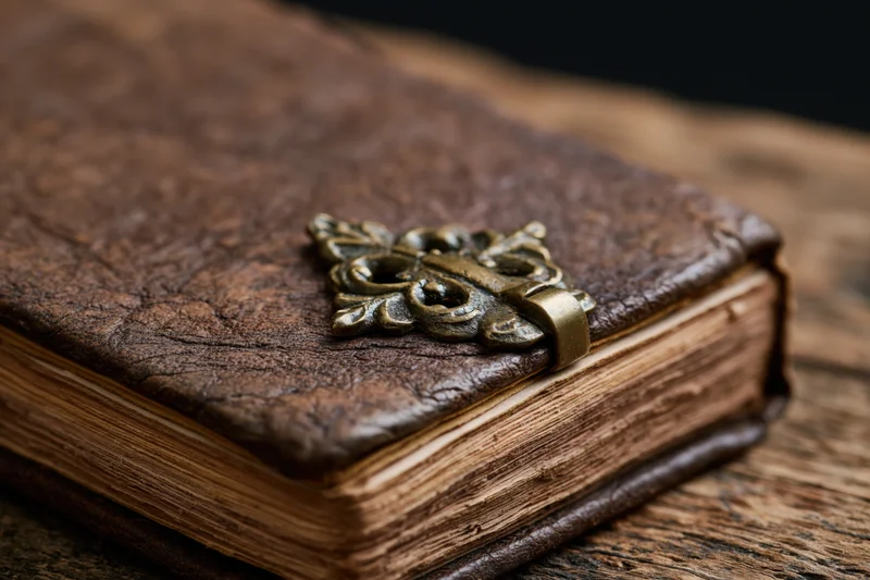 Antique leather-bound book with ornate brass clasp resting on wooden surface