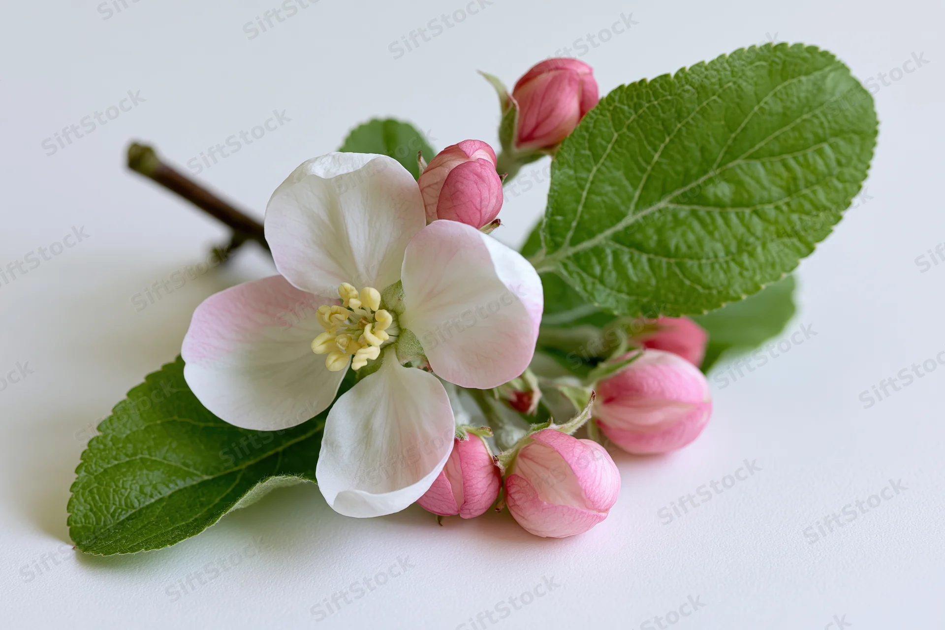 Apple blossom sprig with one open flower and buds lying flat on white surface