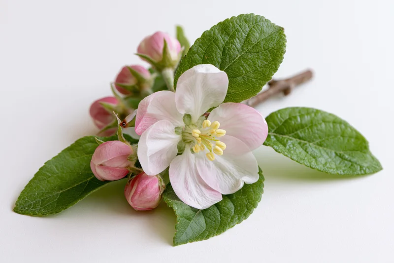 Apple blossom sprig with open flower and buds lying flat on white surface