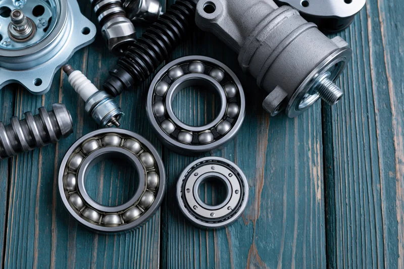 Automotive engine parts arranged on a weathered dark wooden surface