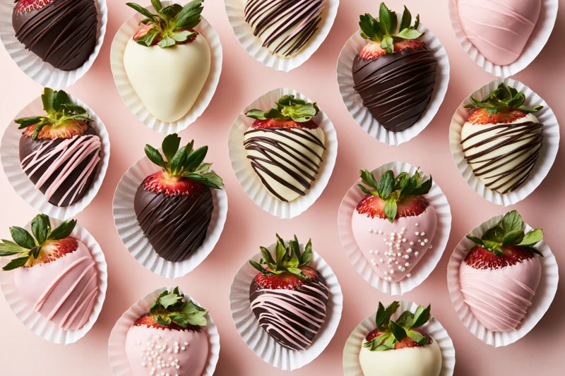 Chocolate-dipped strawberries arranged in a flat lay on a pink surface in white paper cups