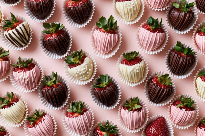 Chocolate-dipped strawberries in paper cups arranged in a flat lay on pink background
