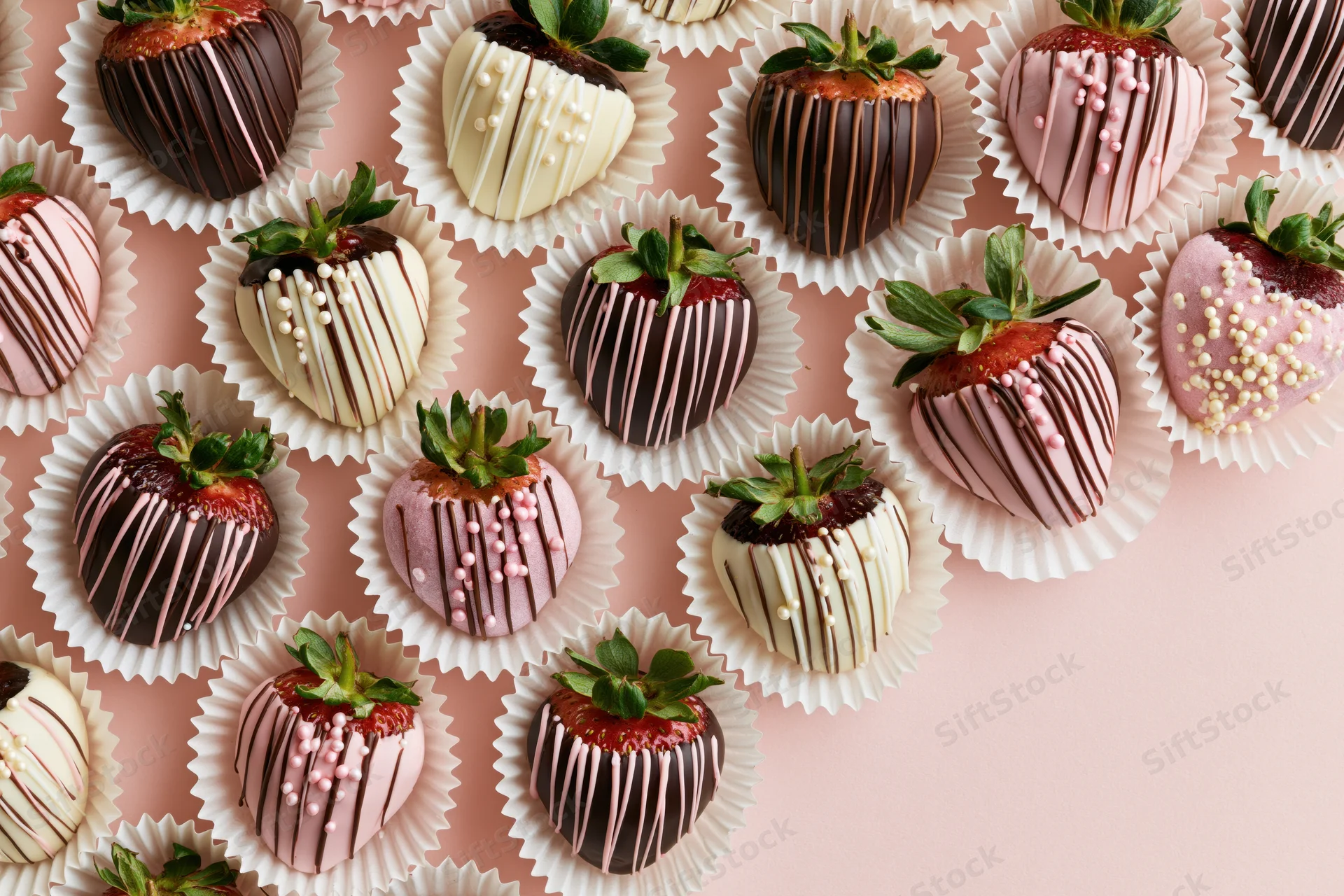 Chocolate-dipped strawberries arranged in a flat lay on pink surface with paper cups