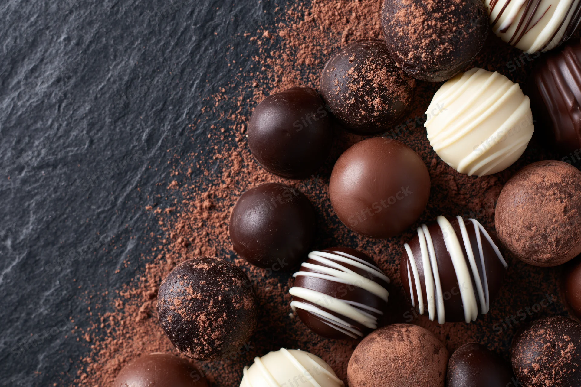 Assorted chocolate truffles and pralines scattered on a dark slate surface with cocoa powder dusting