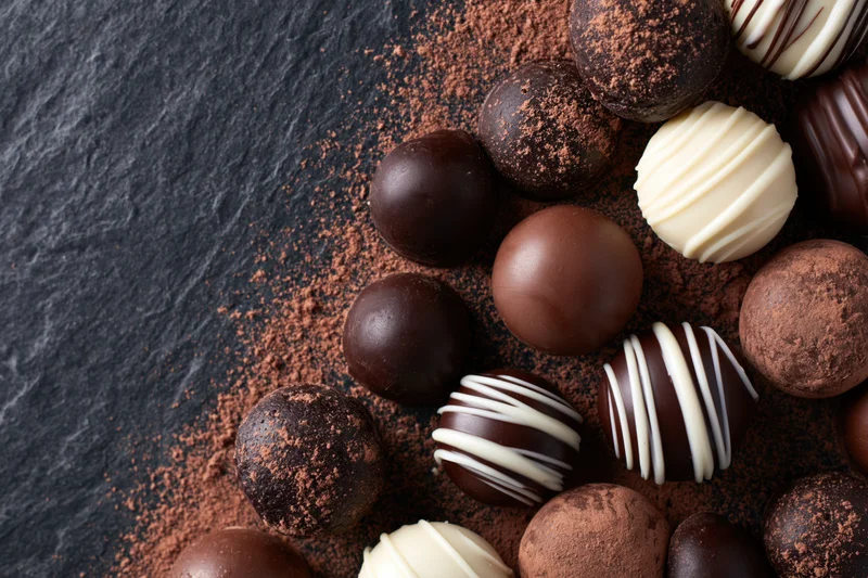Assorted chocolate truffles and pralines scattered on a dark slate surface with cocoa powder dusting
