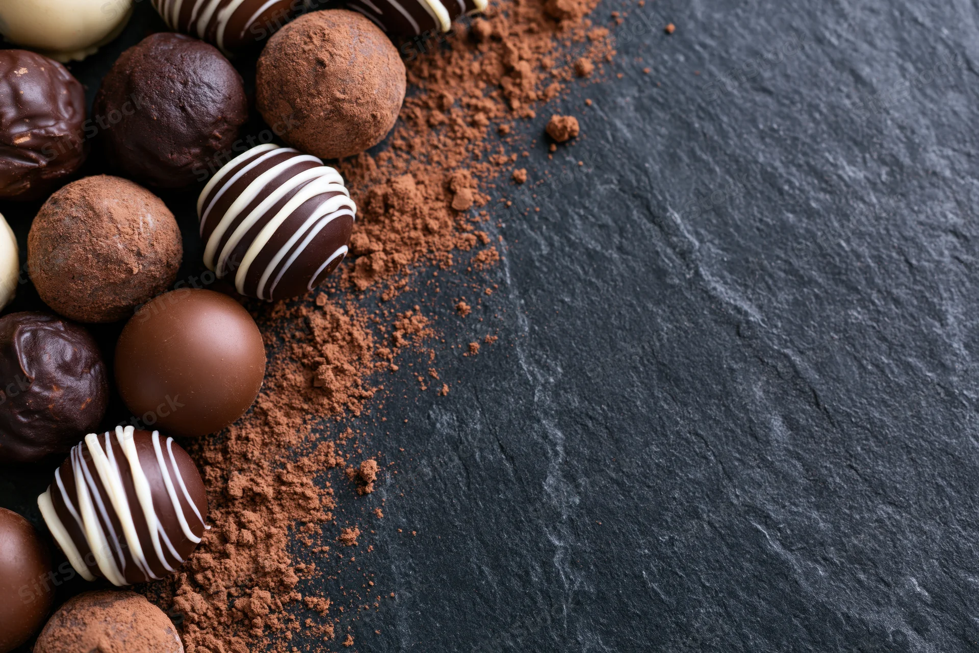 Assorted chocolate truffles and pralines loosely arranged on a dark slate surface with cocoa powder dusted around