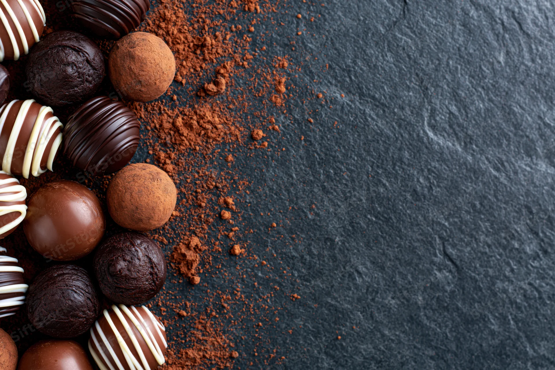 Assorted chocolate truffles and pralines scattered on a dark slate surface with cocoa powder and copyspace