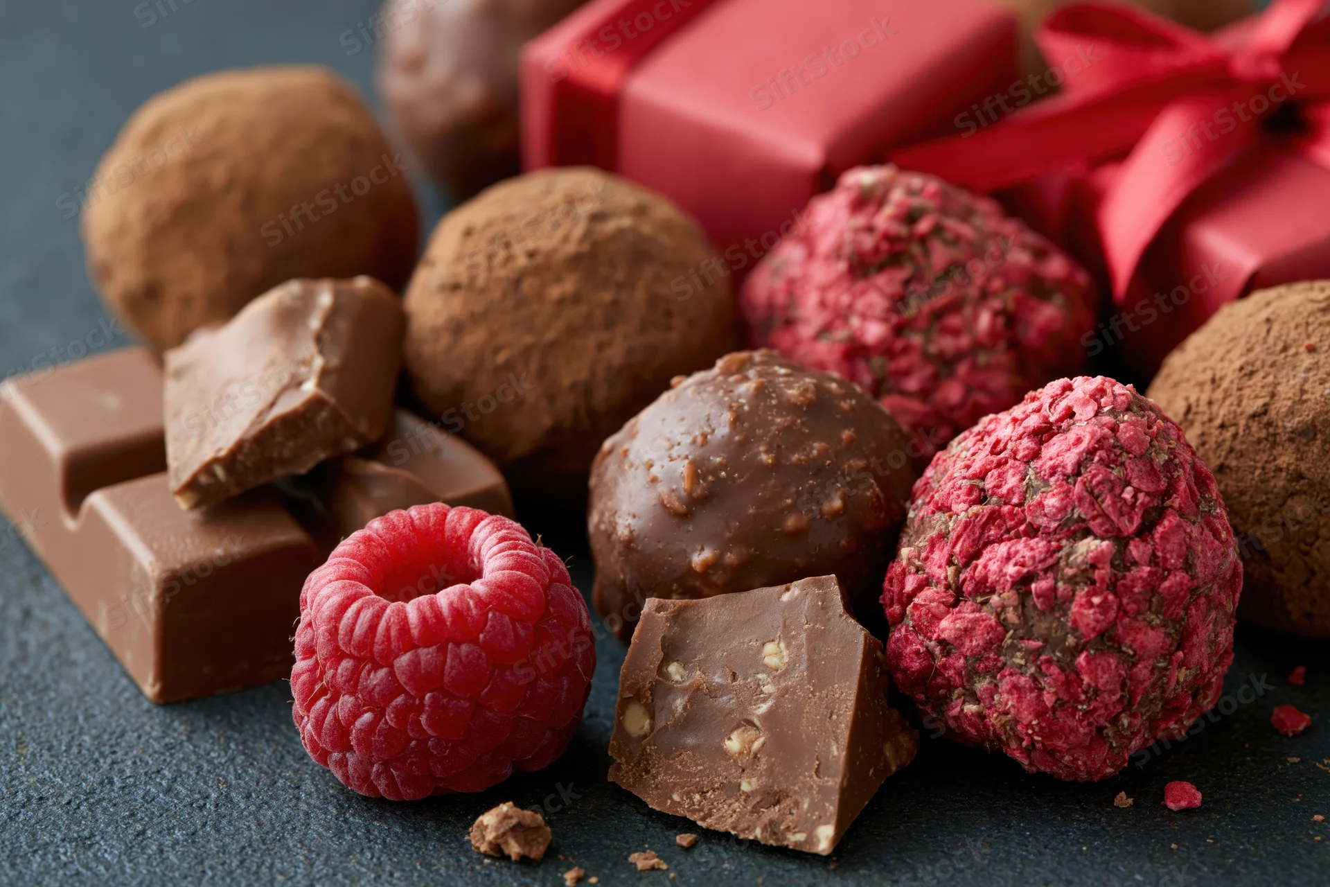 Assorted chocolate truffles and broken milk chocolate bar with raspberry and gift box on dark surface