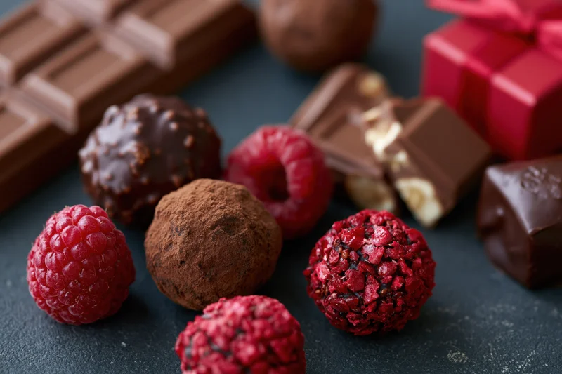 Assorted chocolate truffles and milk chocolate bar pieces with fresh raspberries and a red gift box on dark surface