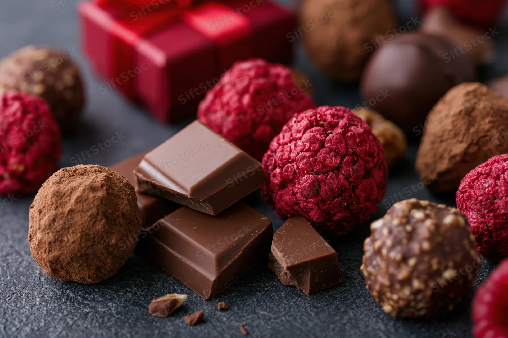 Assorted chocolate truffles and broken milk chocolate bar on dark surface near red gift box