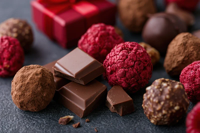 Assorted chocolate truffles and broken milk chocolate bar on dark surface near red gift box