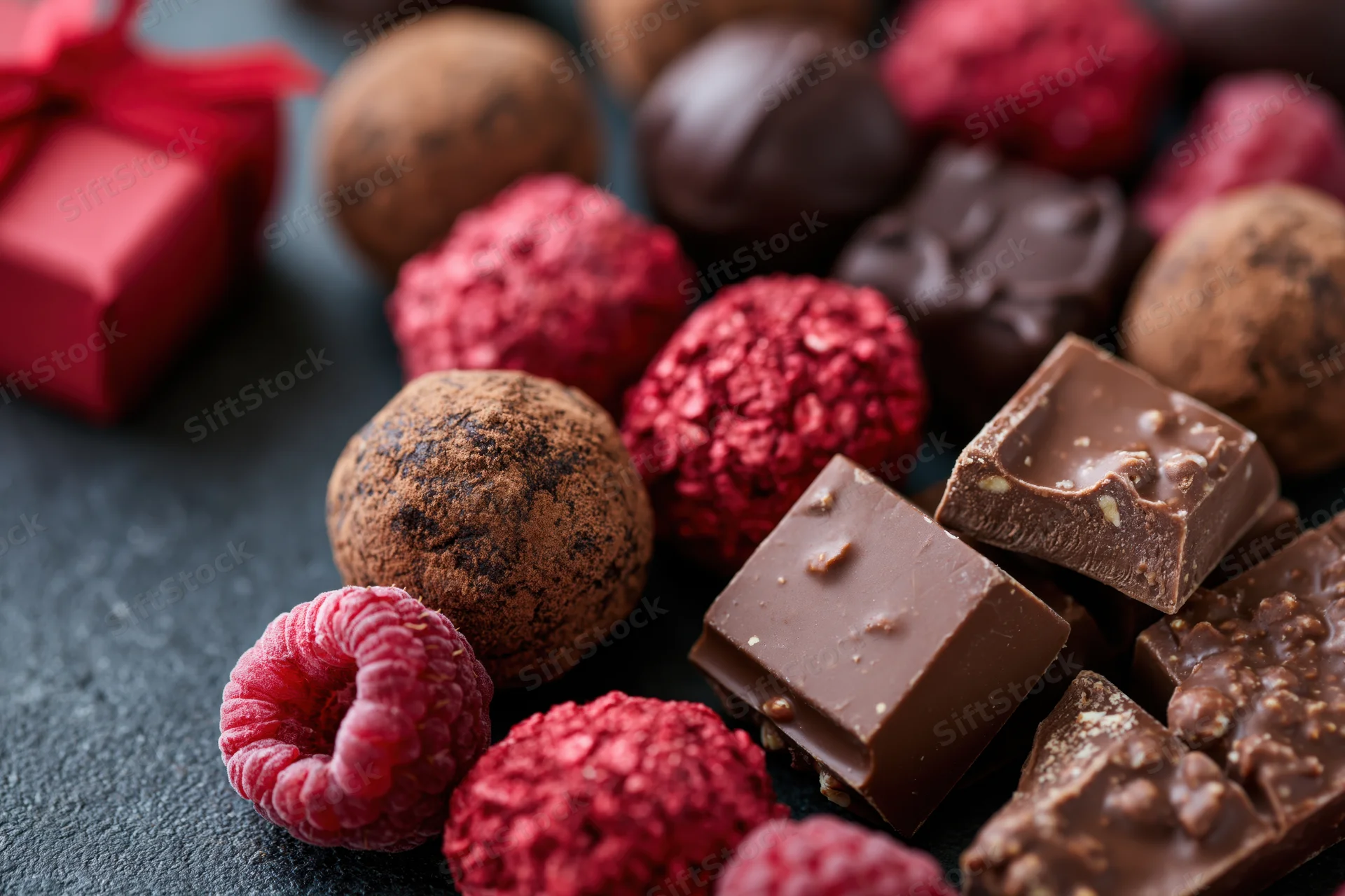Assorted chocolate truffles and broken milk chocolate bar with raspberries and gift box on dark surface