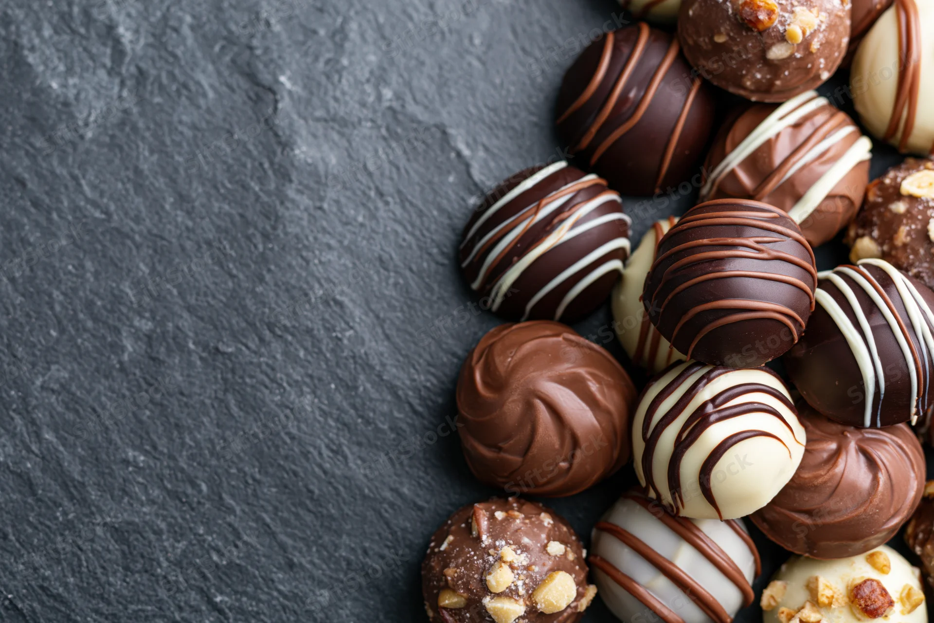 Assorted chocolate truffles and pralines arranged in a pile on a dark slate surface with copyspace on the left
