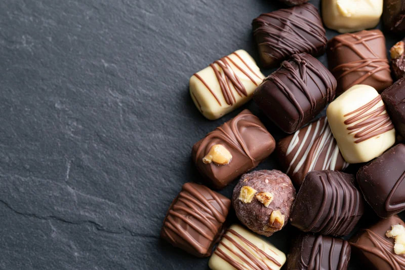 Assorted luxury chocolate pralines and truffles scattered on a dark slate surface with copyspace on the left