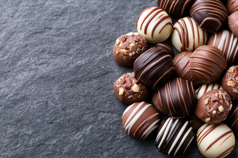 Assorted chocolate truffles and pralines arranged in a pile on a dark slate surface with copyspace