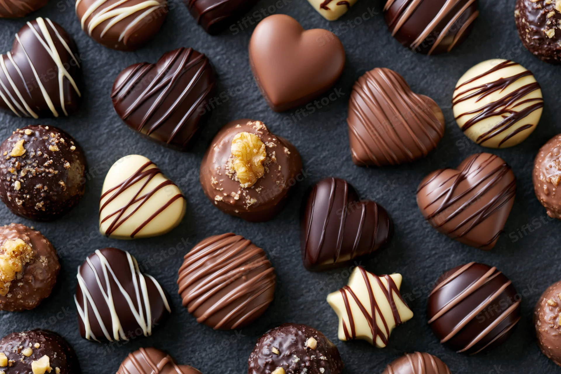 Assorted chocolate pralines and truffles arranged on dark slate surface with heart and star shapes, some with walnut and drizzle decoration
