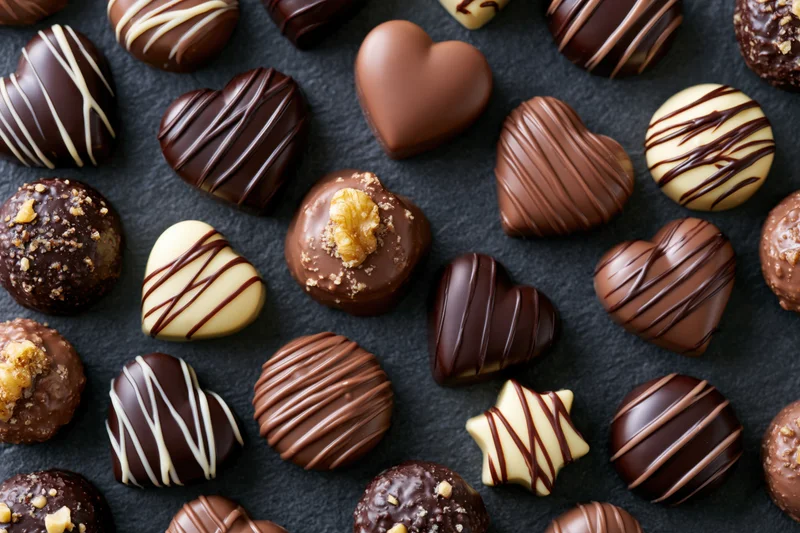 Assorted chocolate pralines and truffles arranged on dark slate surface with heart and star shapes, some with walnut and drizzle decoration