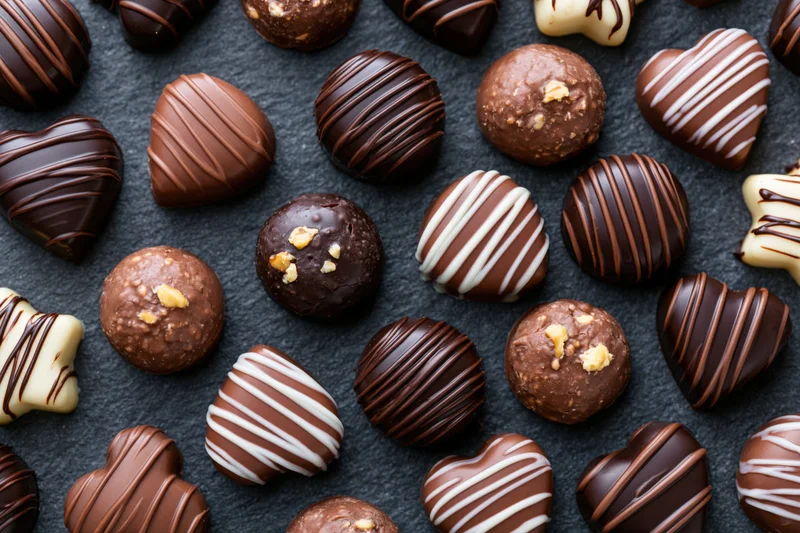 Assorted luxury chocolate pralines and truffles arranged on dark surface in flat lay top view