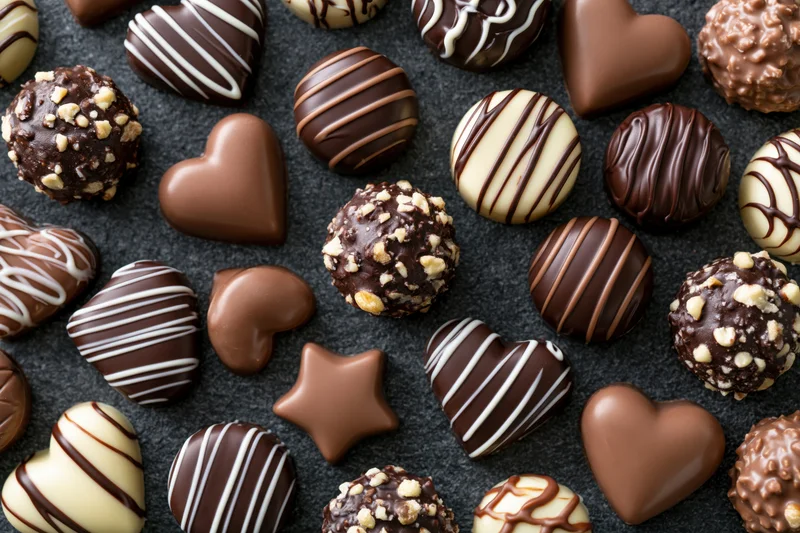Assorted luxury chocolate pralines and truffles arranged on black surface in flat lay top view