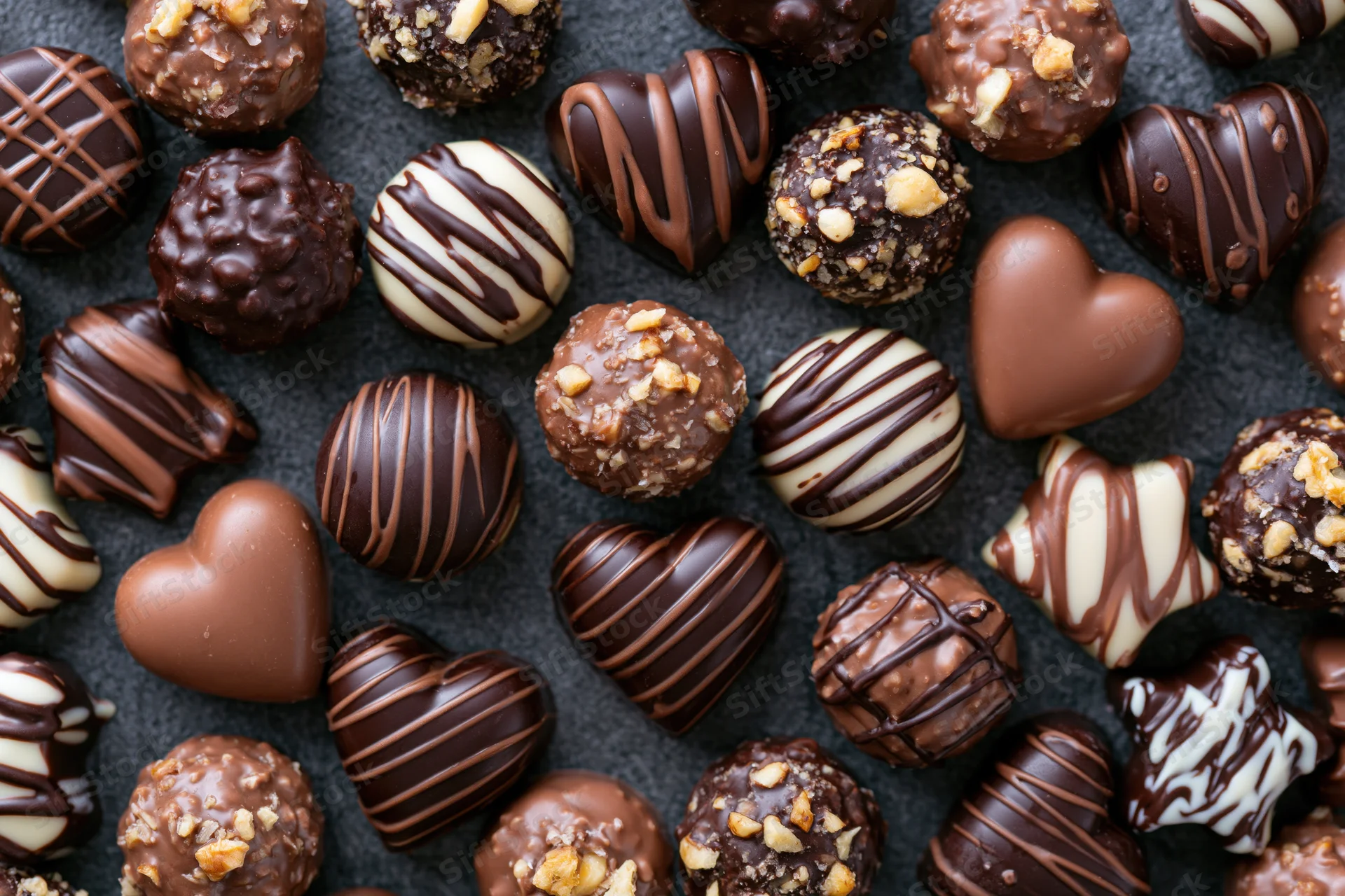 Assorted luxury chocolate pralines and truffles arranged in a flat lay on dark surface
