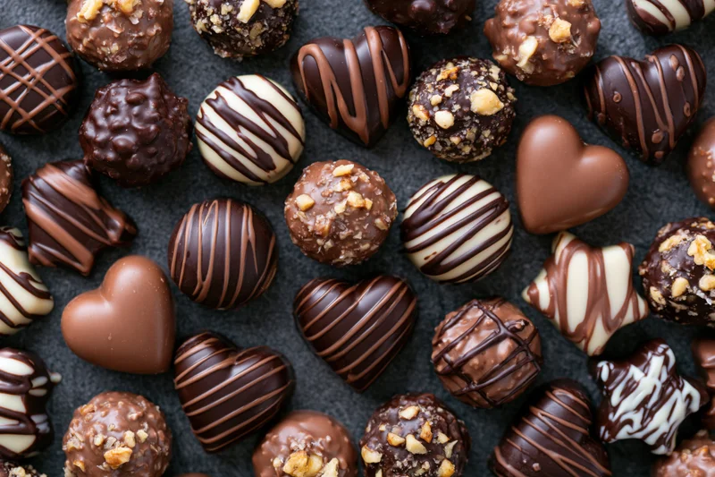 Assorted luxury chocolate pralines and truffles arranged in a flat lay on dark surface