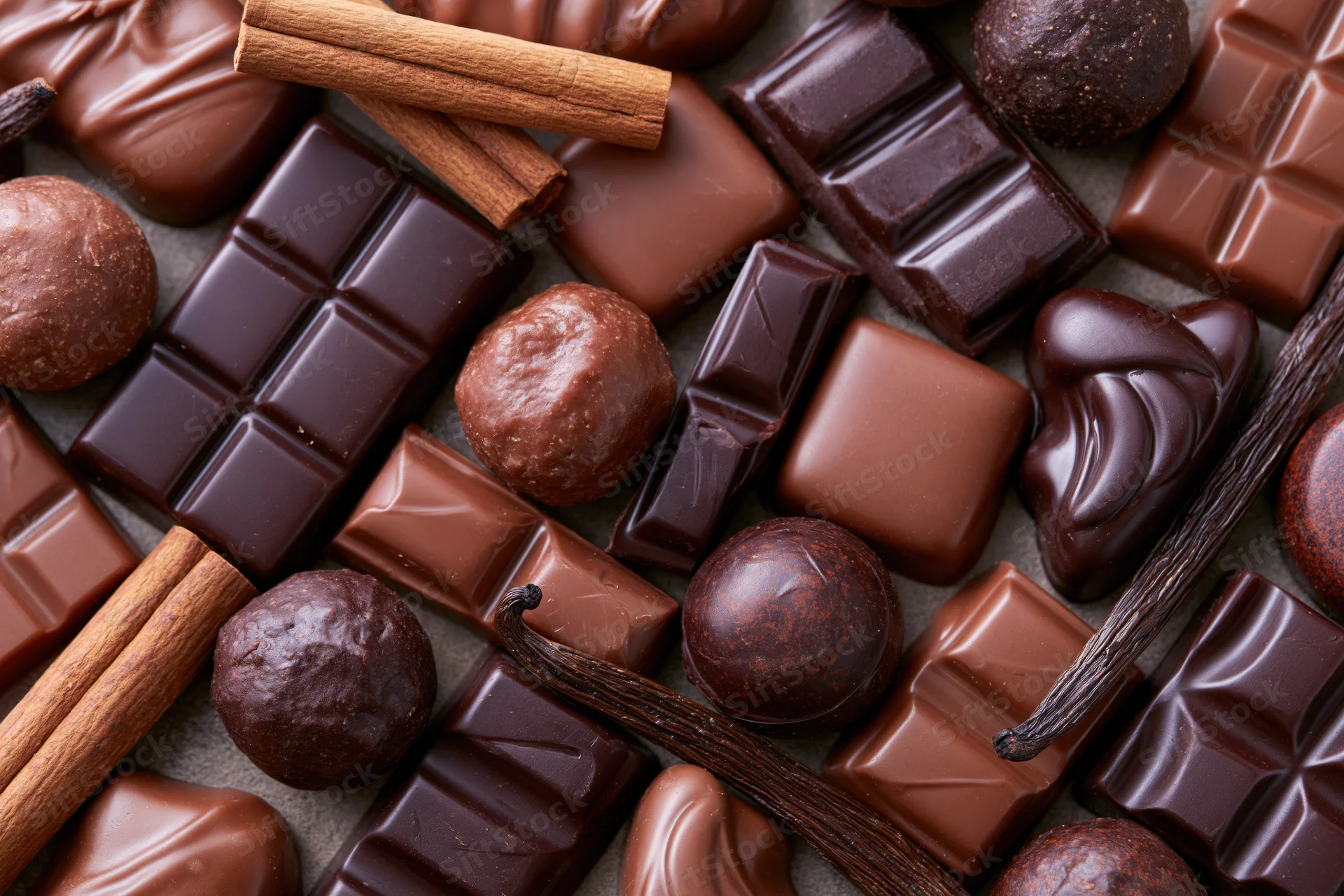 Assorted luxury chocolates and pralines arranged in a flat lay with cinnamon sticks and vanilla beans