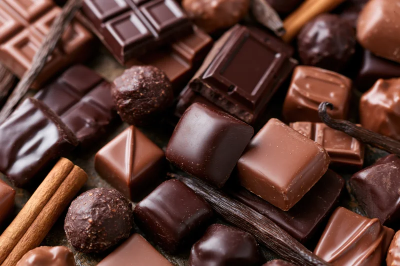Assorted luxury chocolates and pralines arranged in a flat lay with vanilla beans and cinnamon sticks