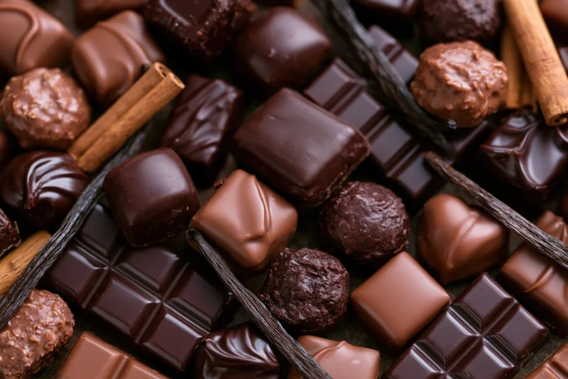 Assorted luxury chocolates and pralines spread across a flat surface with cinnamon sticks and vanilla beans