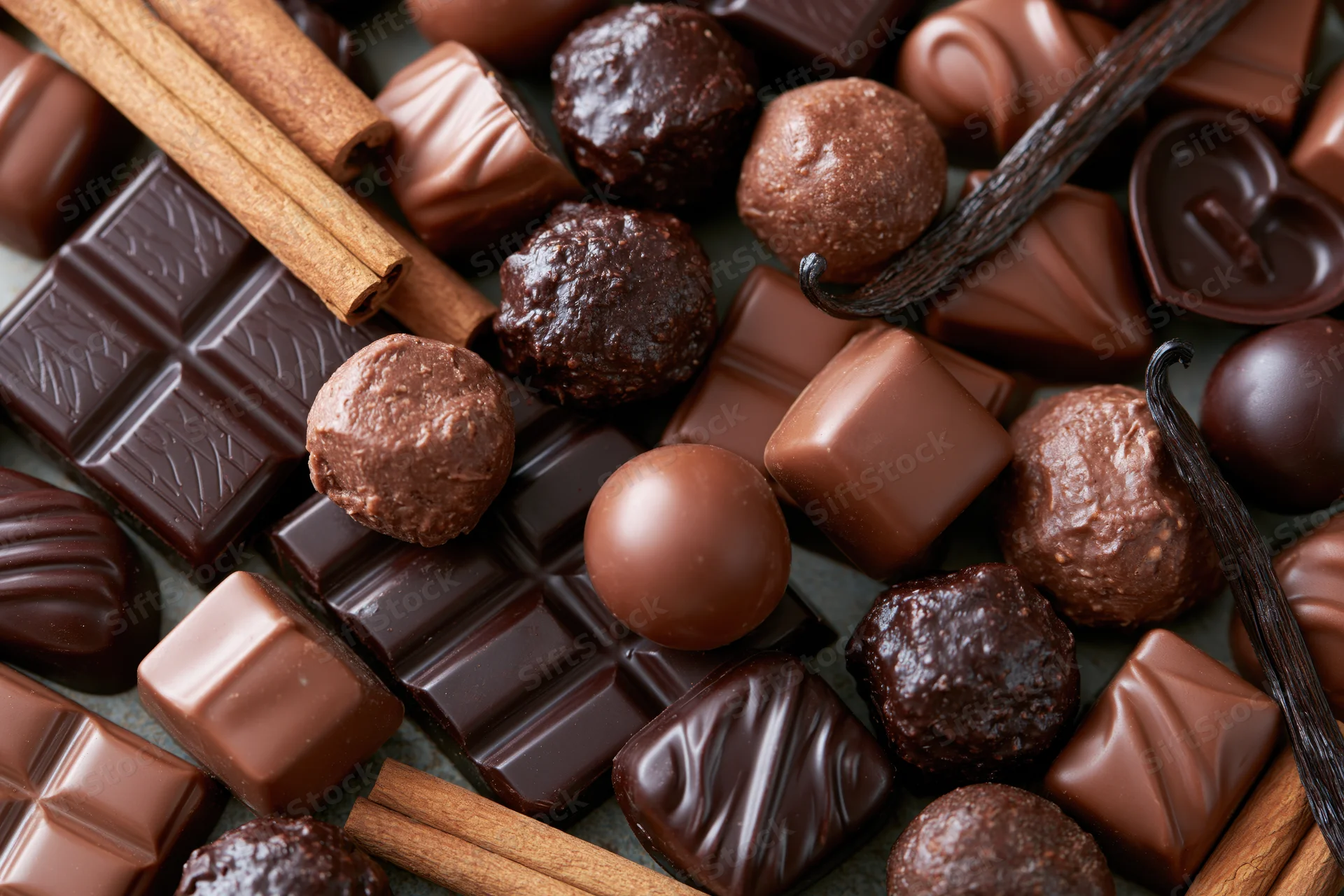 Assorted luxury chocolates and pralines arranged with cinnamon sticks and vanilla beans on a flat surface