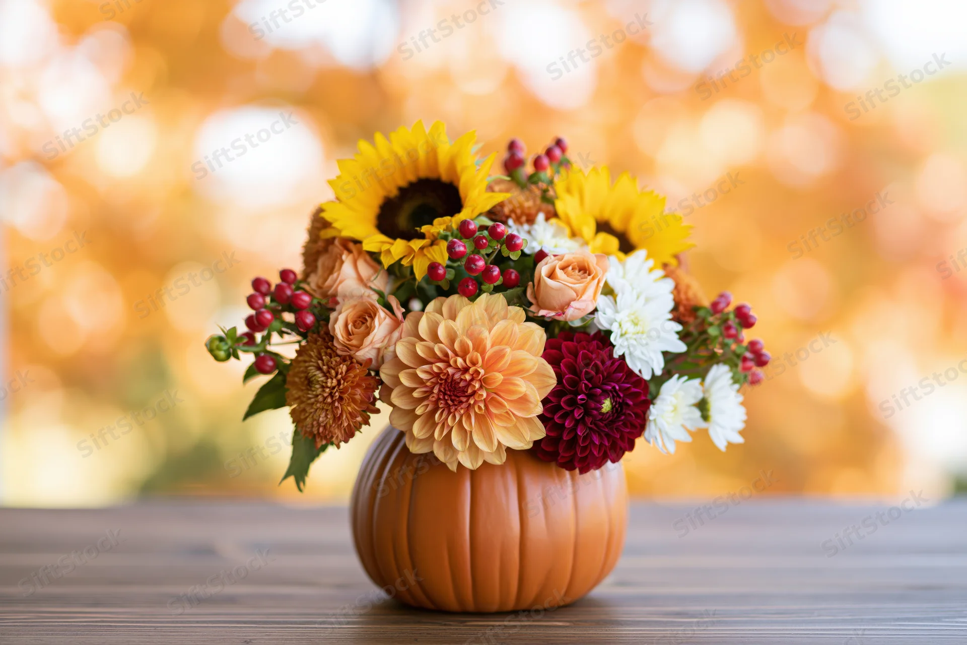 Autumn floral arrangement in a carved pumpkin vase on a wooden table