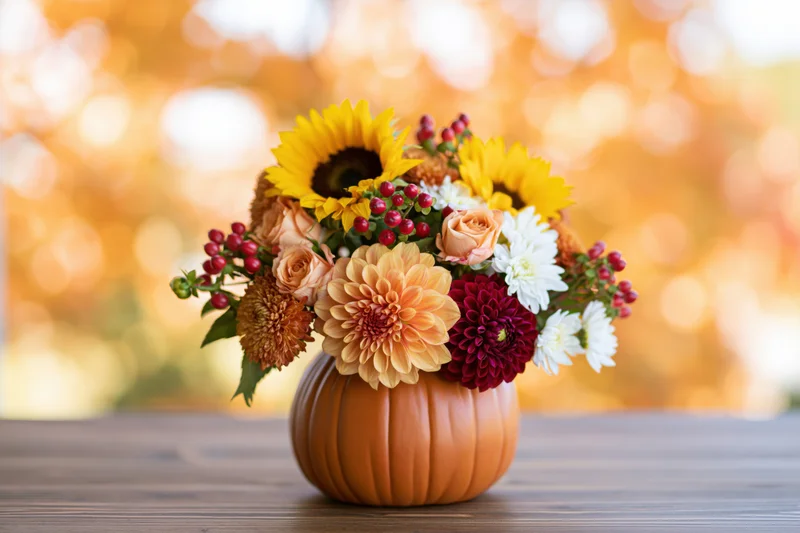 Autumn floral arrangement in a carved pumpkin vase on a wooden table