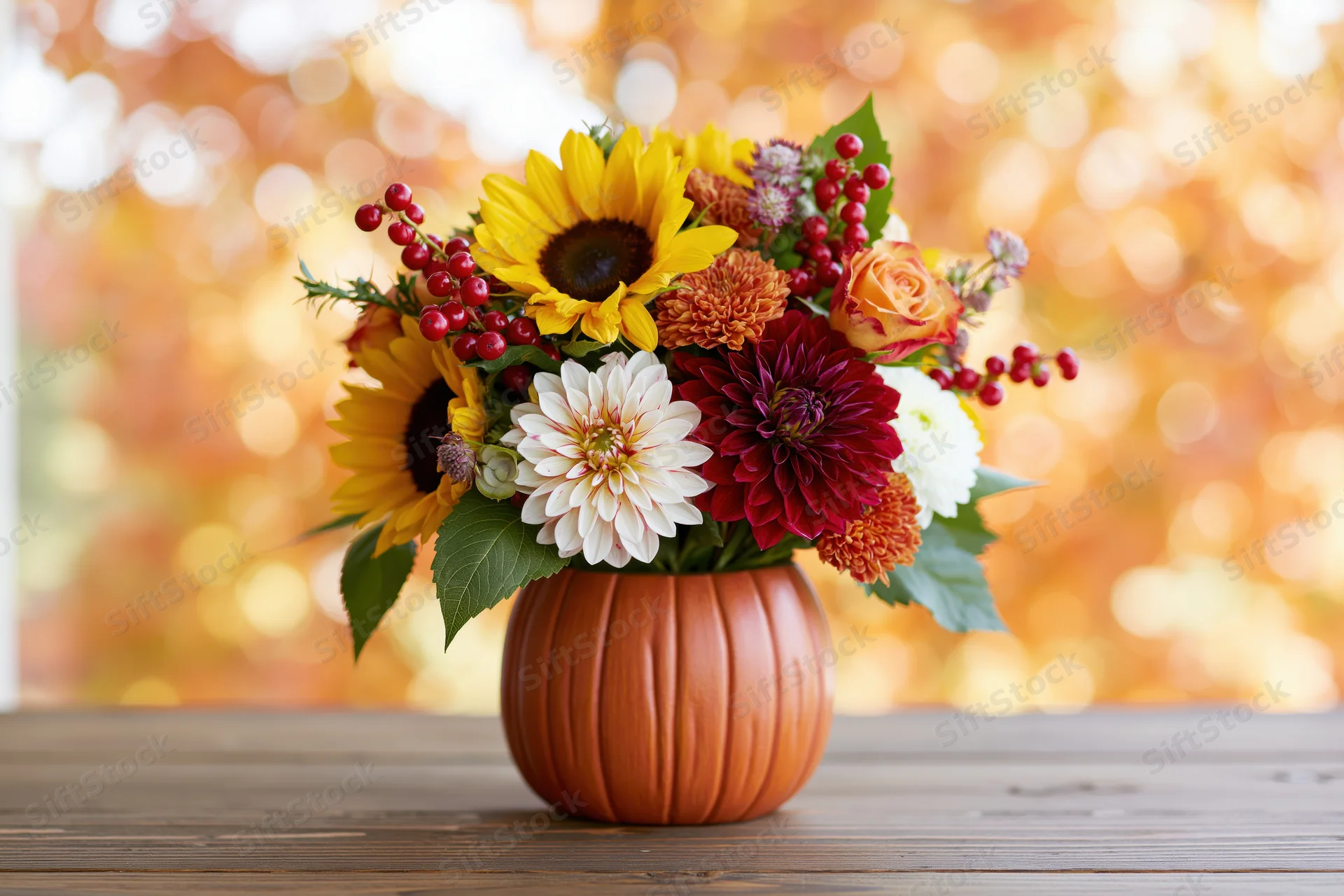 Autumn floral arrangement in a carved pumpkin vase on a wooden table