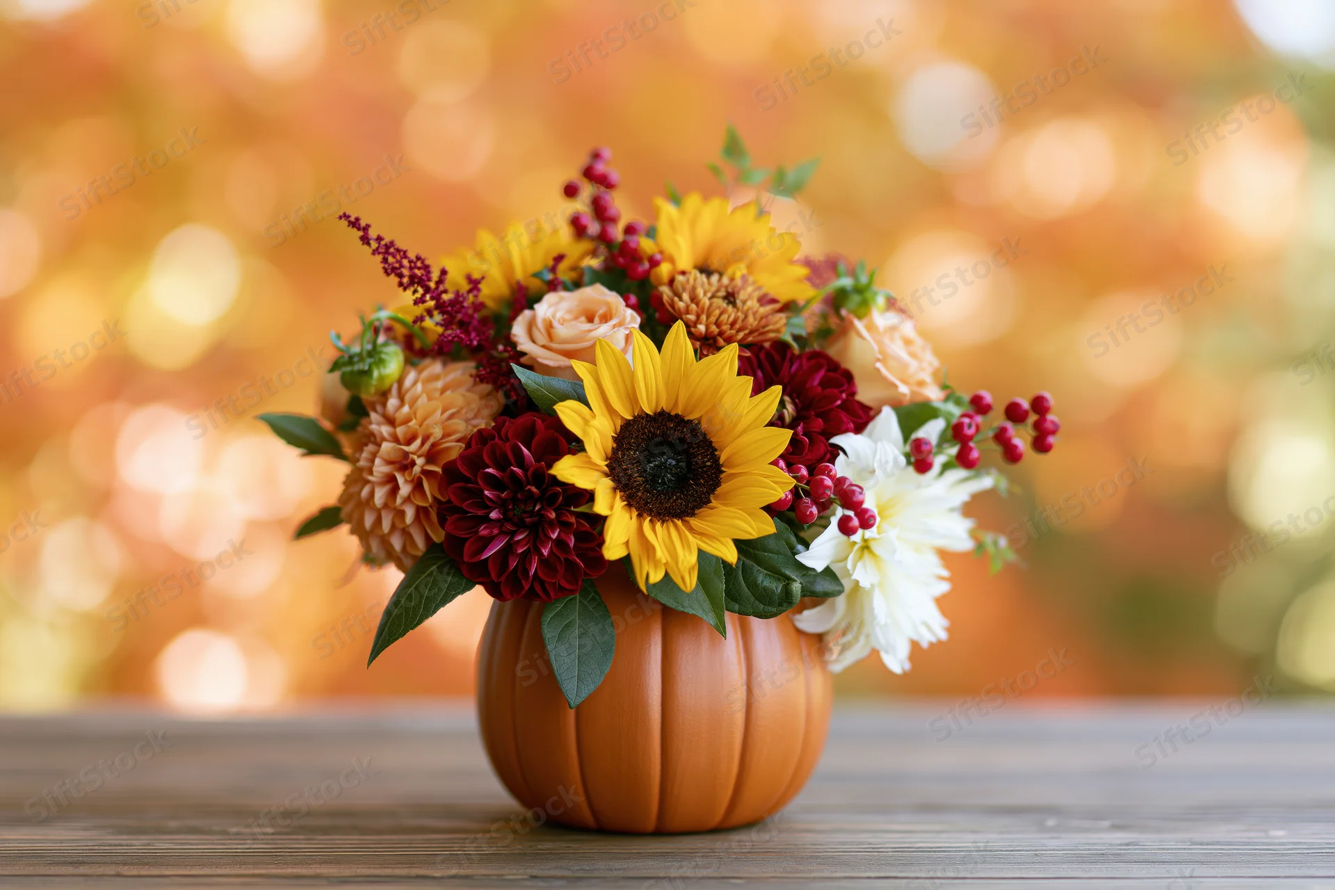 Autumn floral arrangement in a carved pumpkin vase on a wooden table