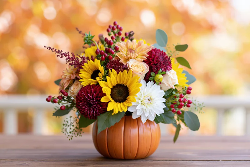 Autumn floral arrangement in a carved pumpkin vase on a wooden table outdoors