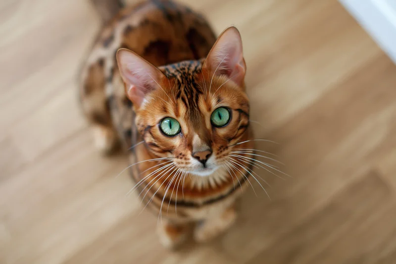 Bengal cat looking up from light wood laminate floor indoors