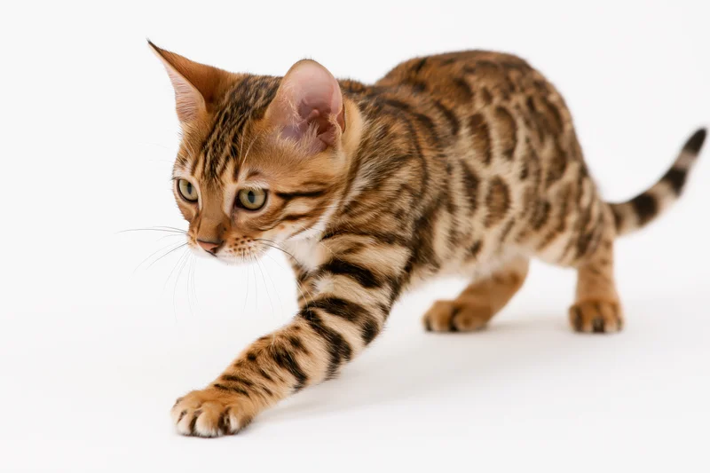 Bengal kitten mid-pounce with one front paw extended forward on white background