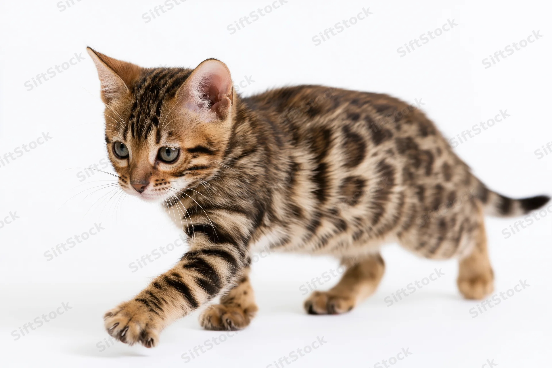 Bengal kitten mid-pounce with one front paw extended forward on white background