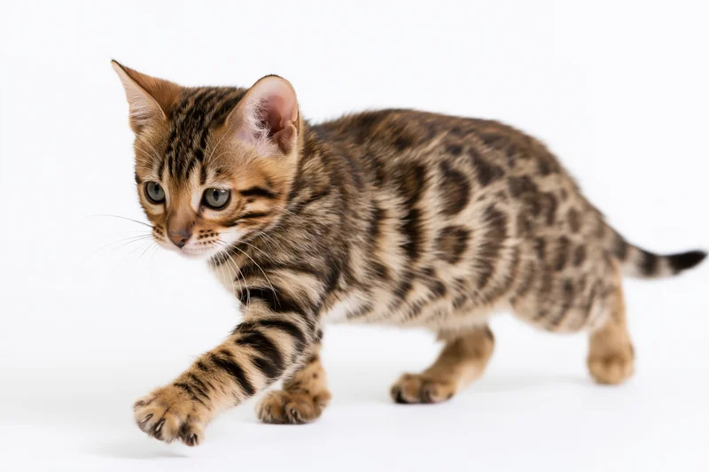 Bengal Kitten in Stride Across a Clean White Studio Backgrou