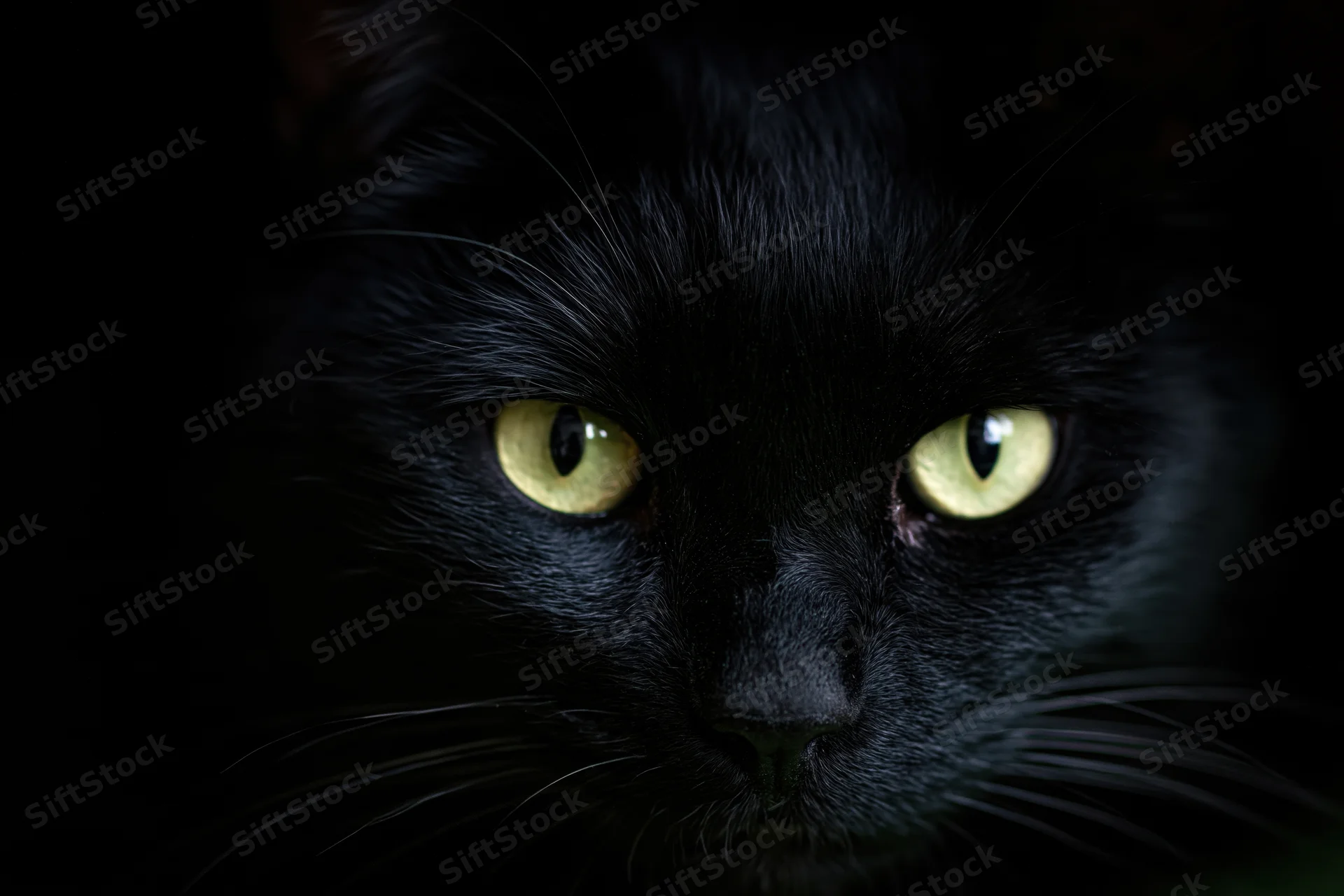 Black cat with intense yellow eyes staring directly at camera in near-total darkness