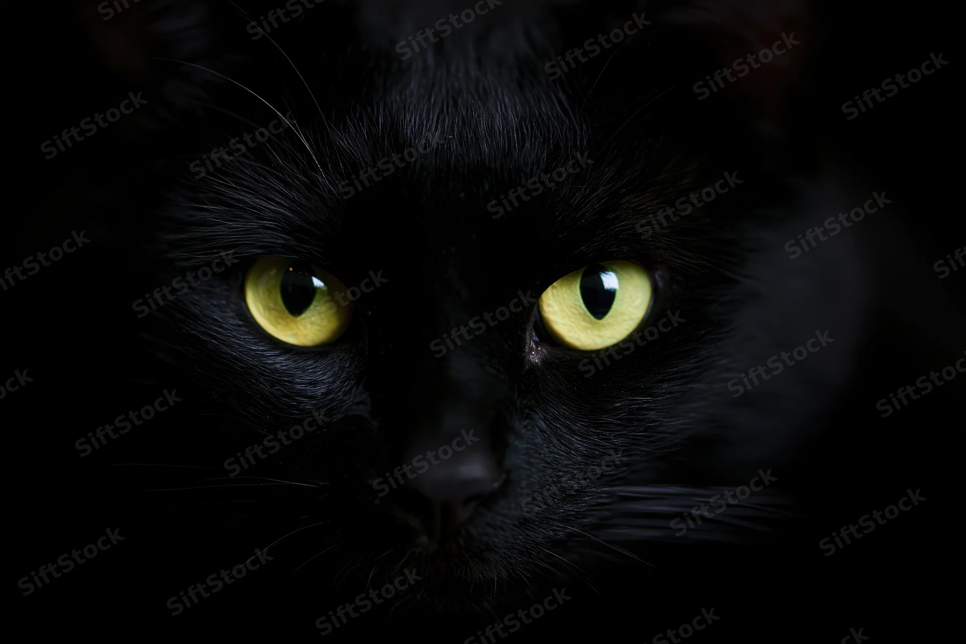 Black cat with glowing yellow eyes staring intensely from darkness