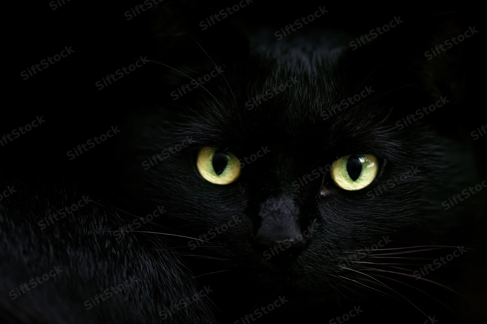 Black cat with glowing green eyes staring intensely from the dark