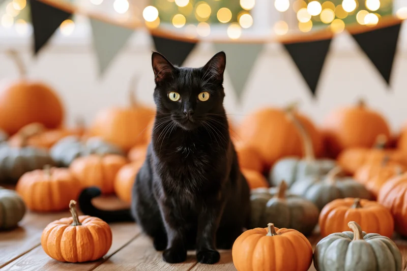 Black cat sitting alert among scattered orange and grey pumpkins on wooden floor with festive banner and bokeh lights in background