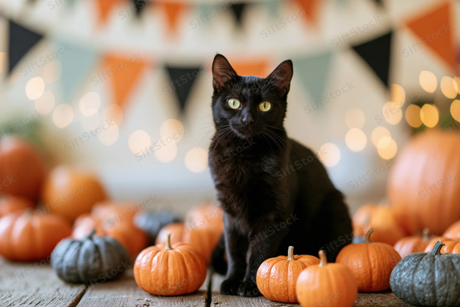 Black cat sitting alert among scattered orange and grey pumpkins on wooden table with festive banner and lights in background